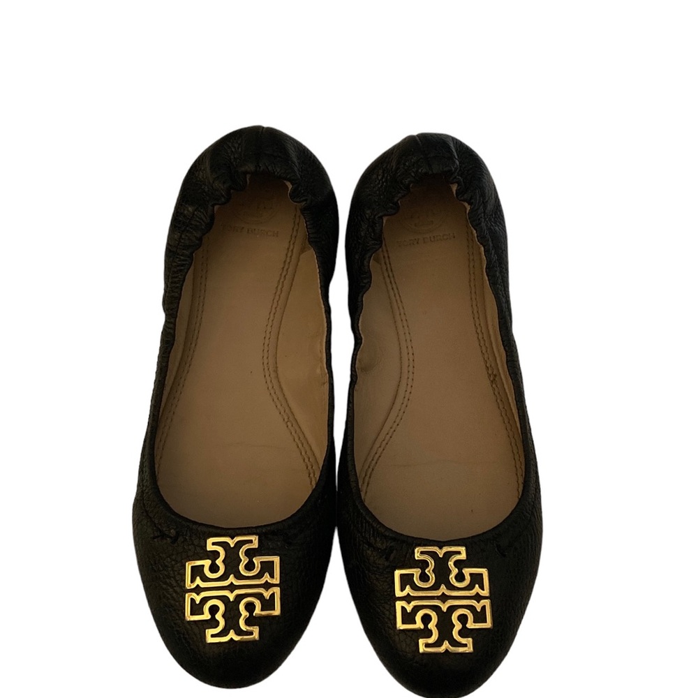 TORY BURCH Melinda Pebbled Leather Ballet Flats Black Gold Emblem Size 7M